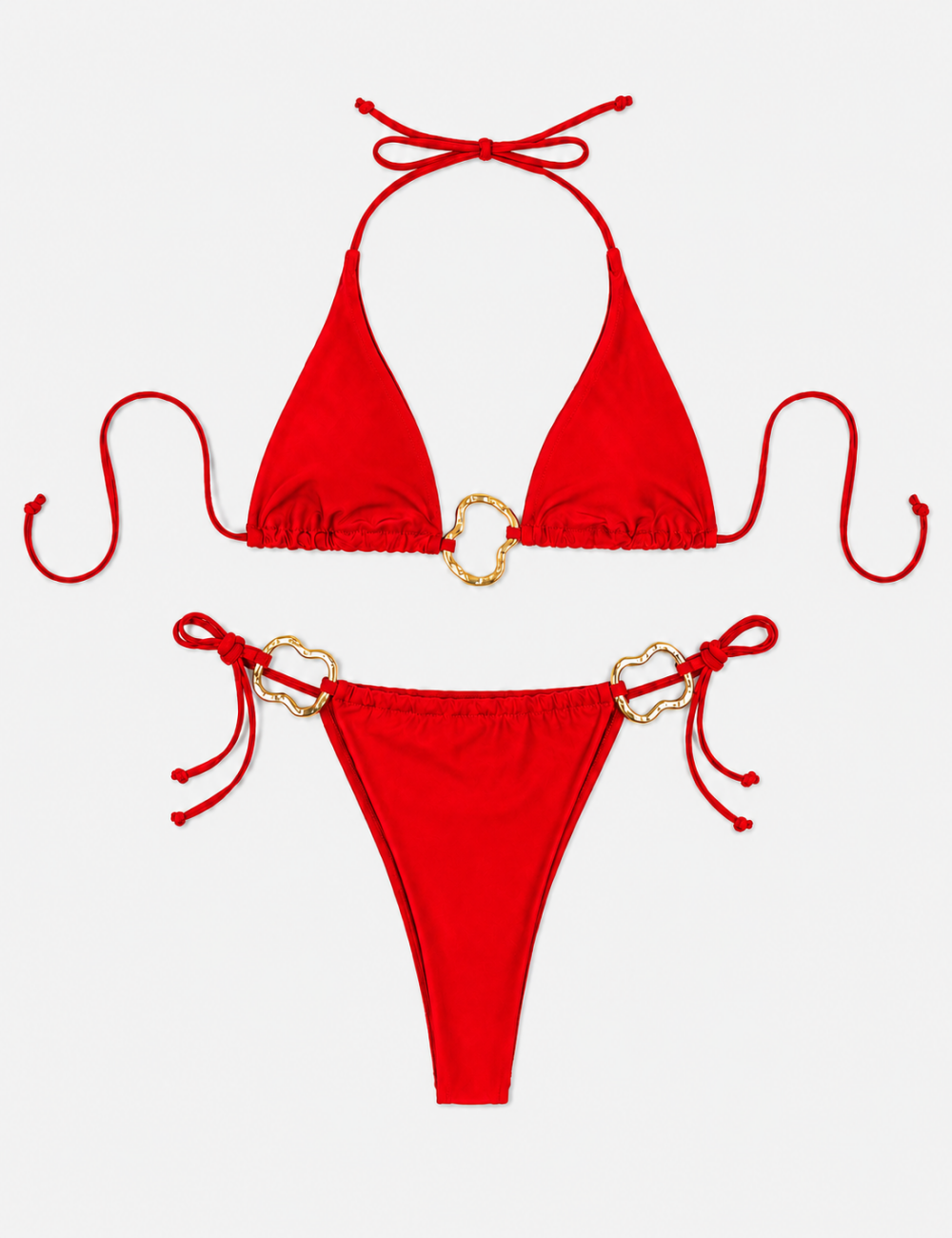 Ladies Gold Ring Hardware Halter Triangle Bikini Set