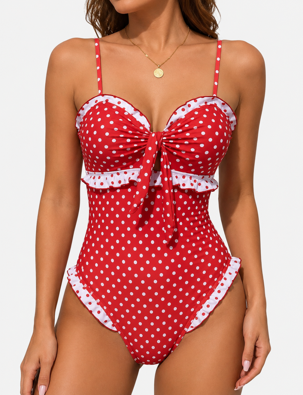 Ladies Polka Dots Print Front Bow Detail One Piece Swimsuit