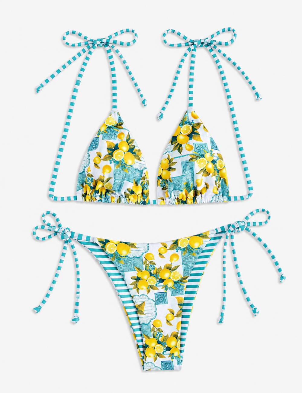Ladies Lemon Print Striped Straps Triangle Bikini Set