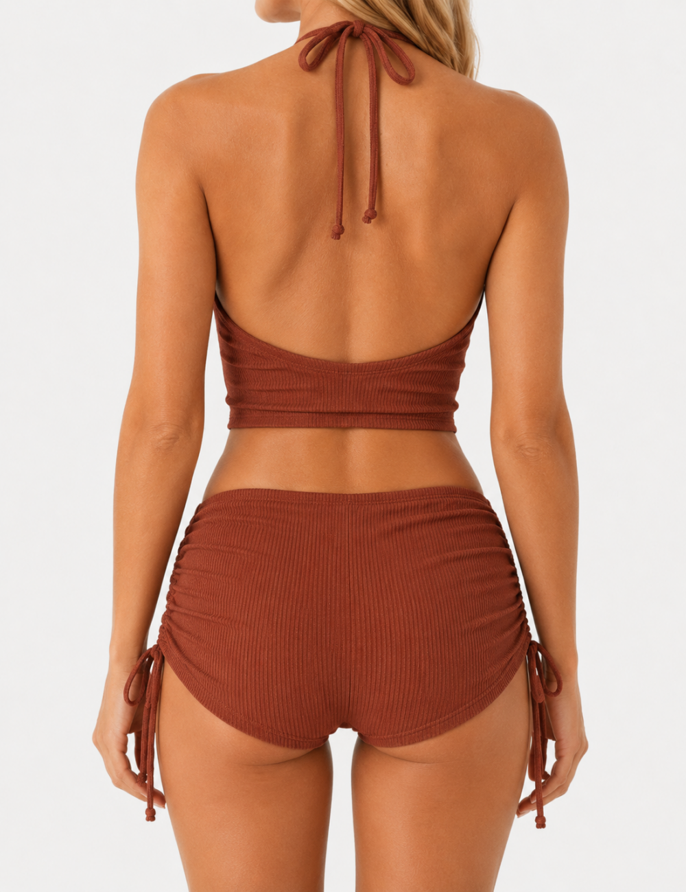 Ladies Openwork Design Drawstring Waist Halter Bikini Set