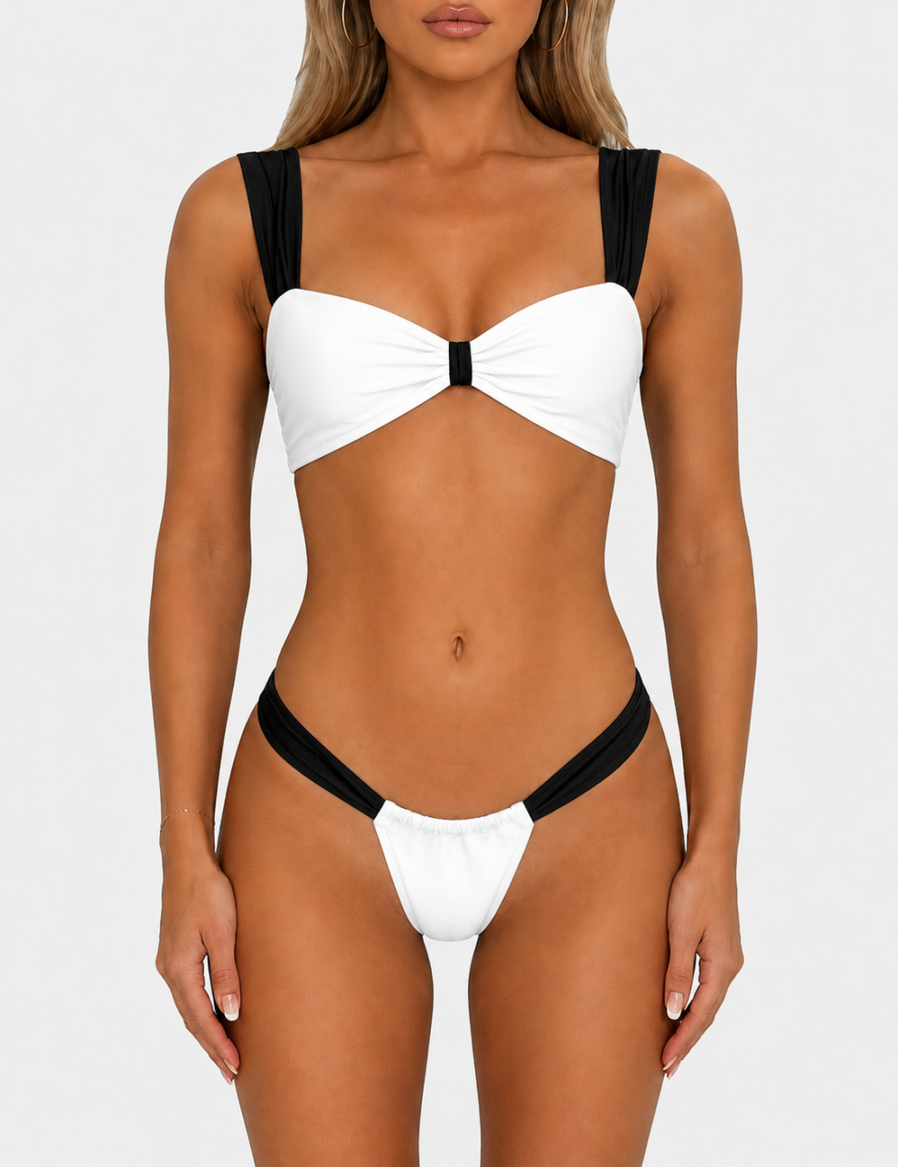 Ladies Elegant Color Block Front Bow Detail Bikini Set