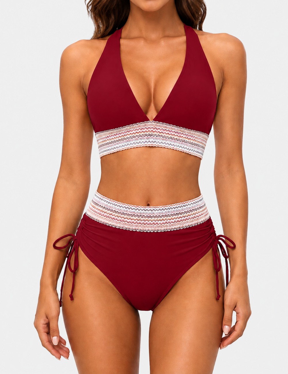 Ladies Deep V-Neck Colorful Zigzag Smocked Trim Bikini Set