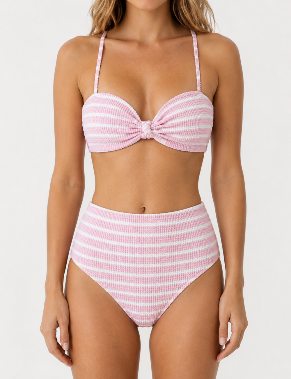 Ladies Stripe Front Bow Design Back Clouse Bikini Set