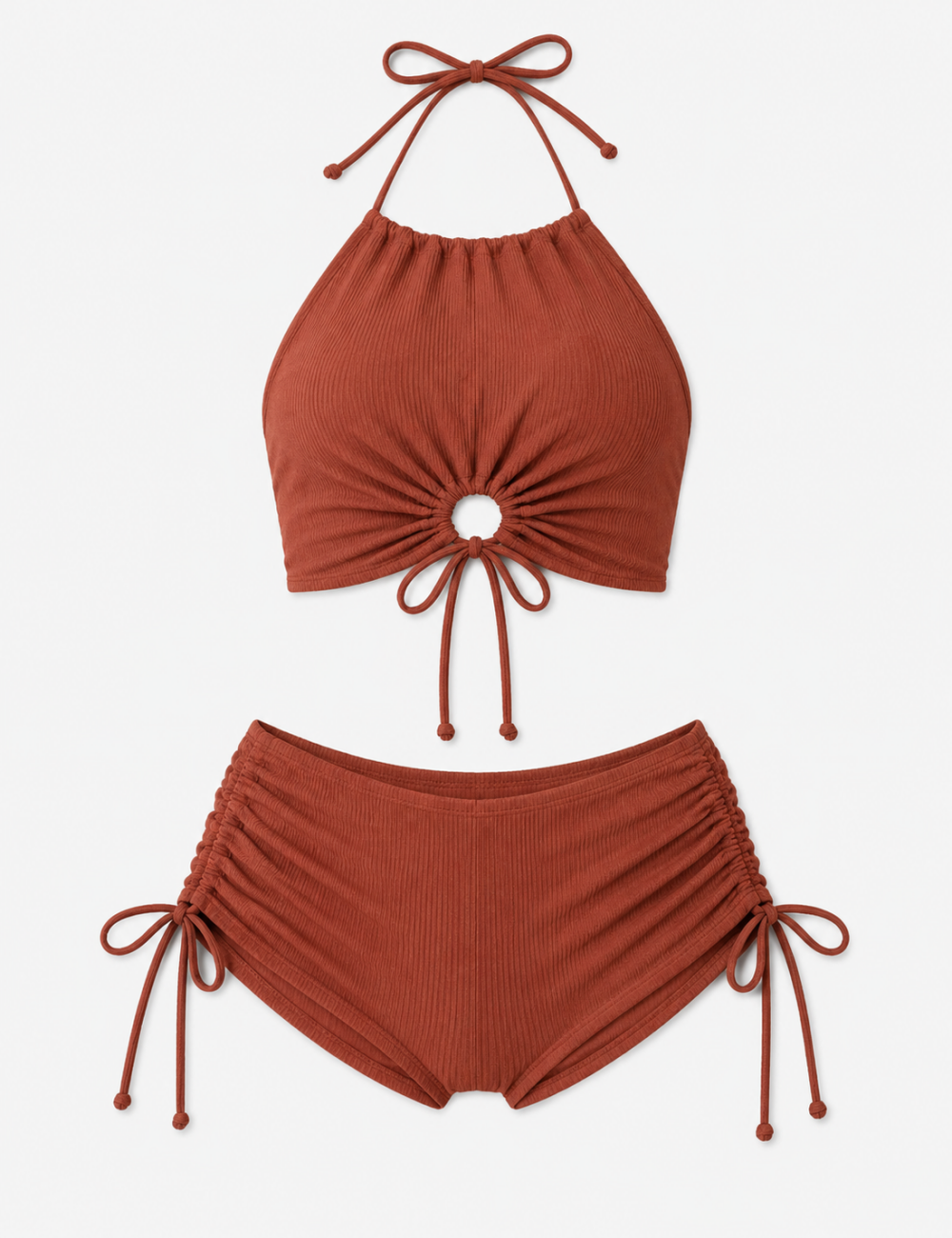 Ladies Openwork Design Drawstring Waist Halter Bikini Set