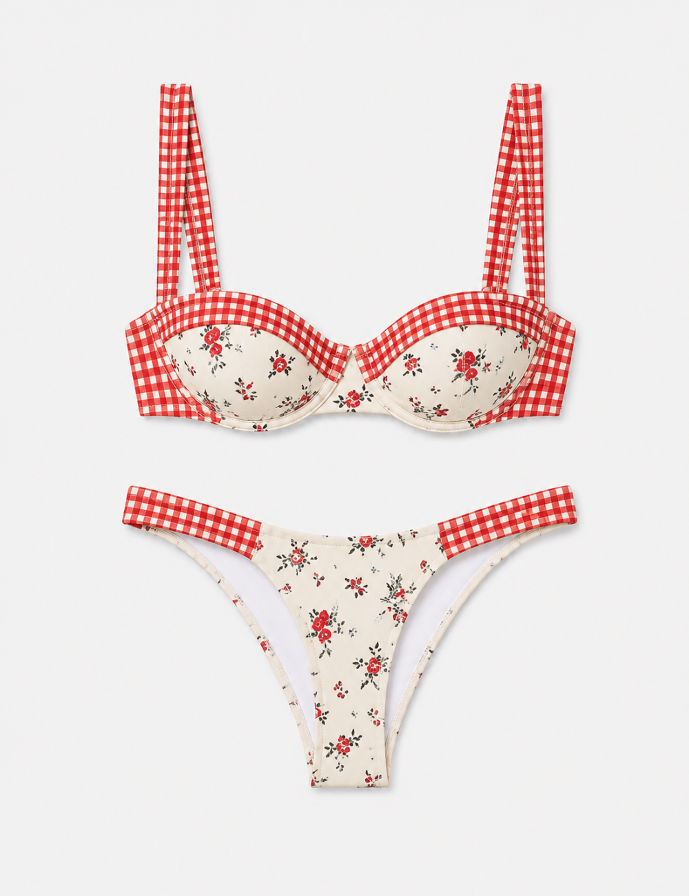 Ladies Plaid and Floral Print Underwire Balconette Bikini Set