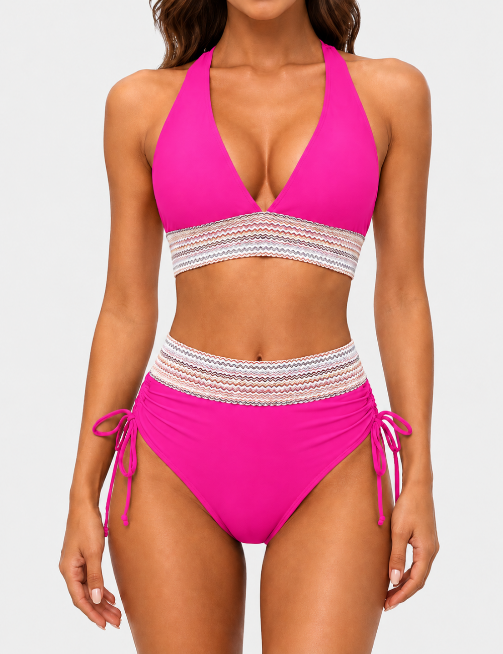 Ladies Deep V-Neck Colorful Zigzag Smocked Trim Bikini Set