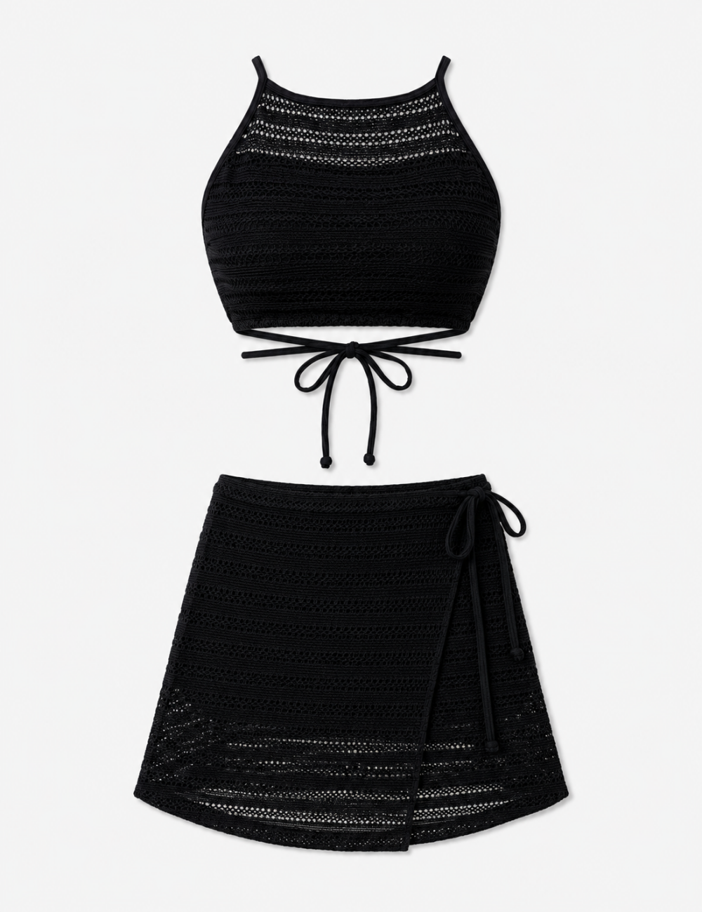 Ladies Hollow Knit Cross Back Tie Halter Bikini Set