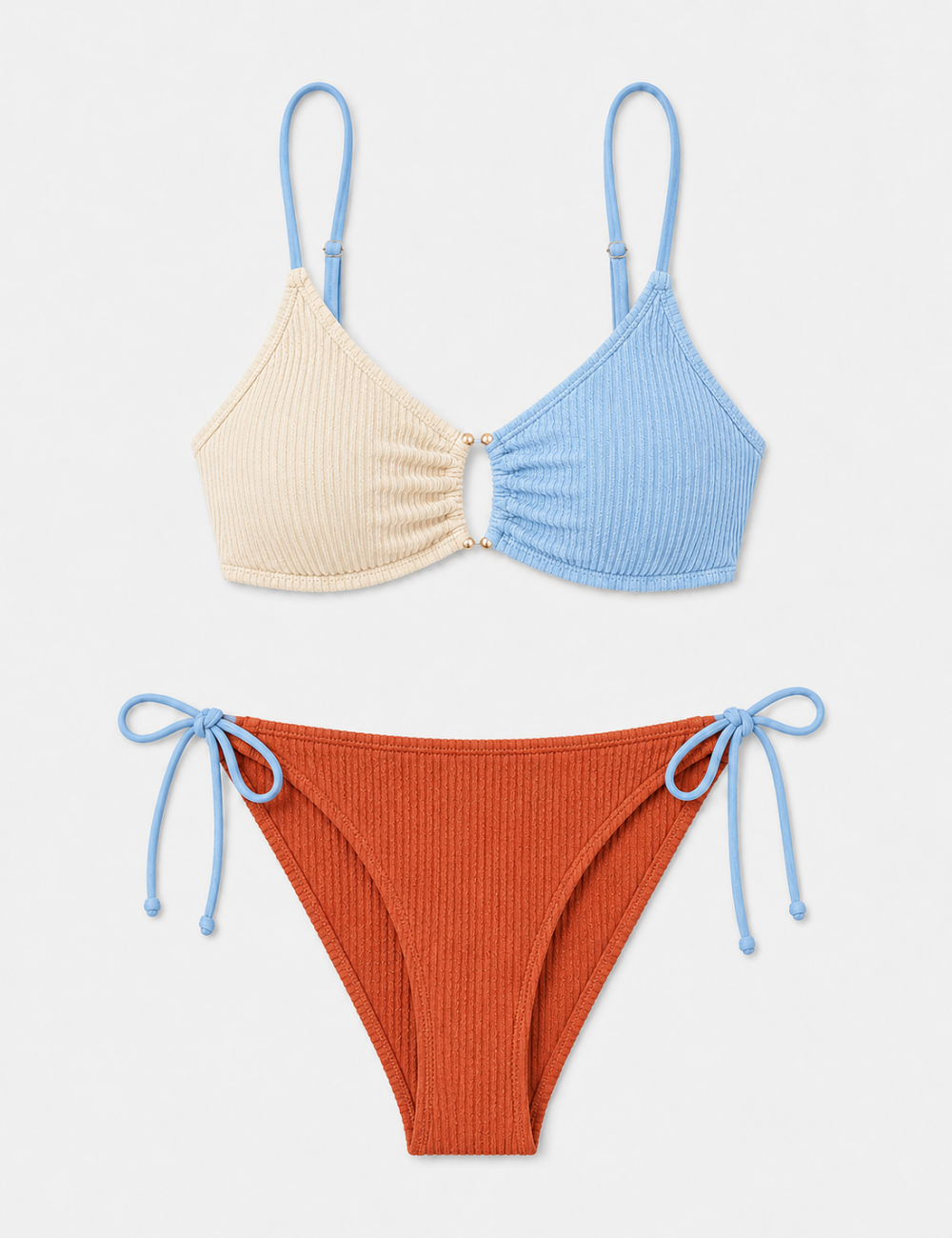 Ladies Multi Color Gold-Tone Metal Accents Triangle Bikini Set
