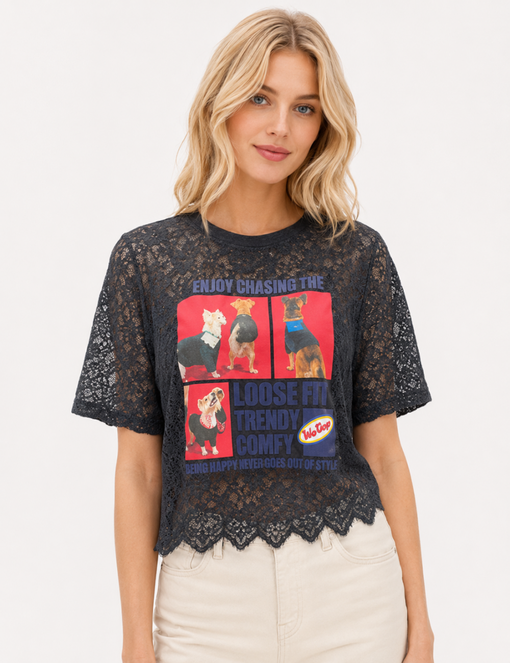 Ladies Dog Graphic Print Round Neck Lace Crop Top