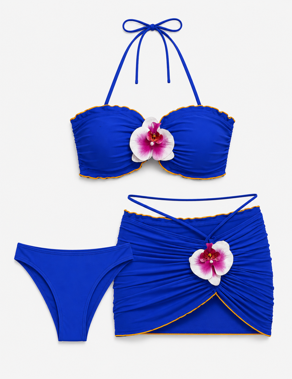 Ladies 3D Flower Design Halter Bandeau Bikini Set with Skirt