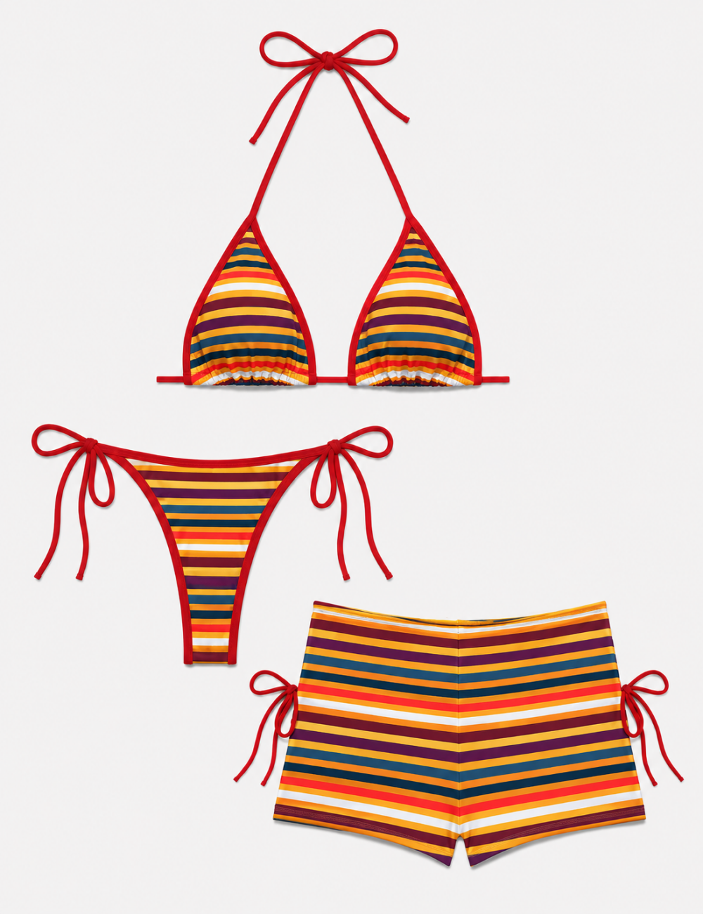 Ladies Striped Halter Triangle Bikini Set with Cover-Up Shorts