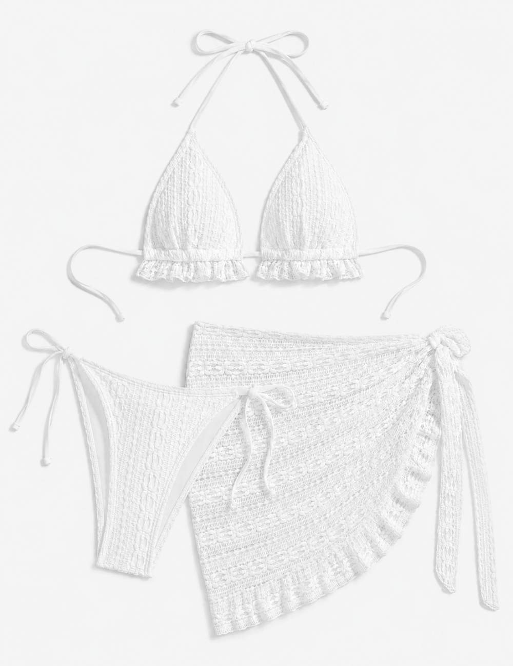 Ladies Solid Color Crochet Triangle Bikini Set with Cover-Up Skirt