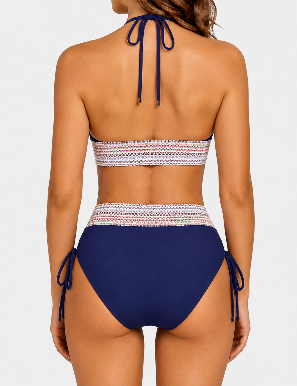 Ladies Deep V-Neck Colorful Zigzag Smocked Trim Bikini Set