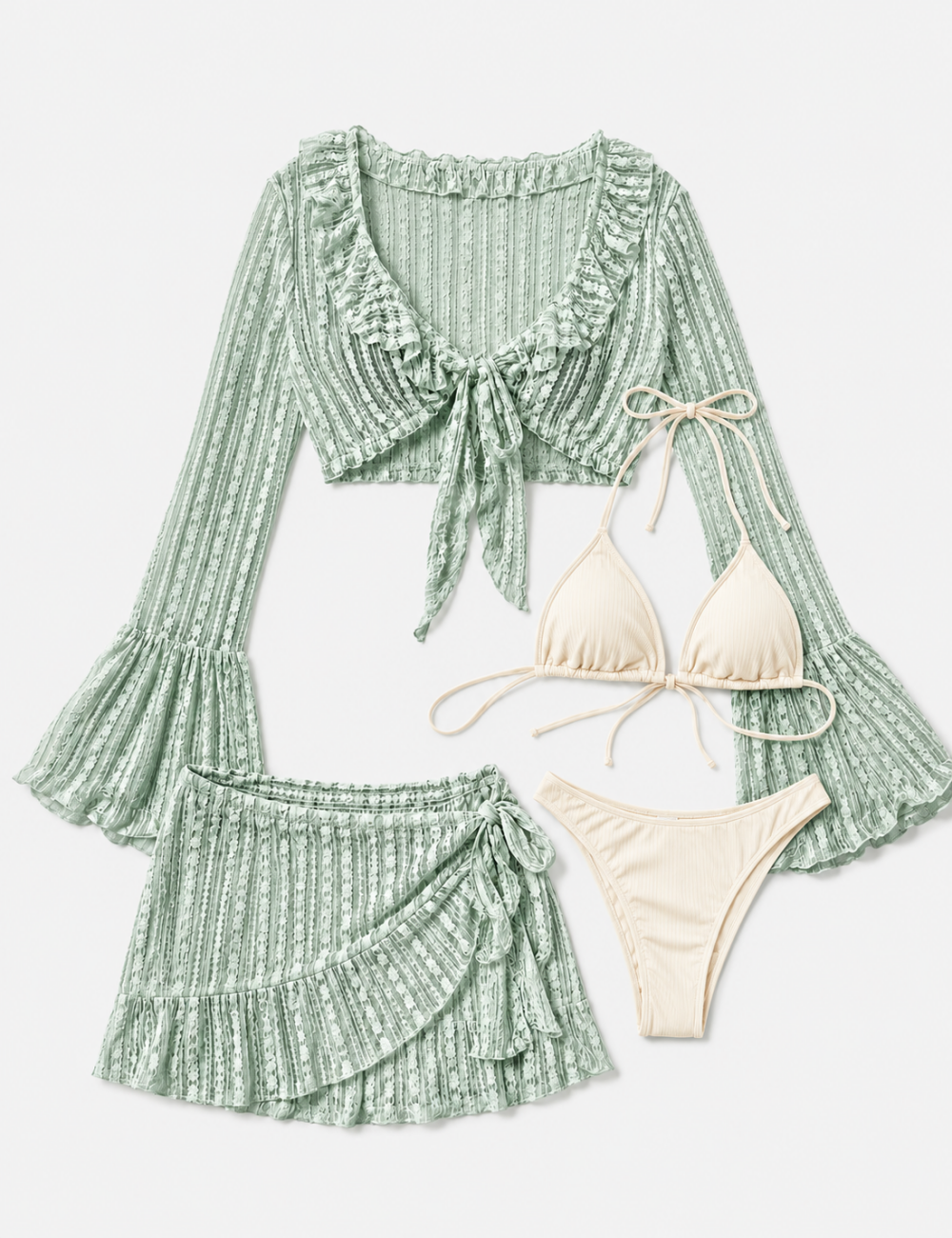Ladies Solid Color Triangle Bikini 4PCS Set with Cover-Up & Mini Skirt