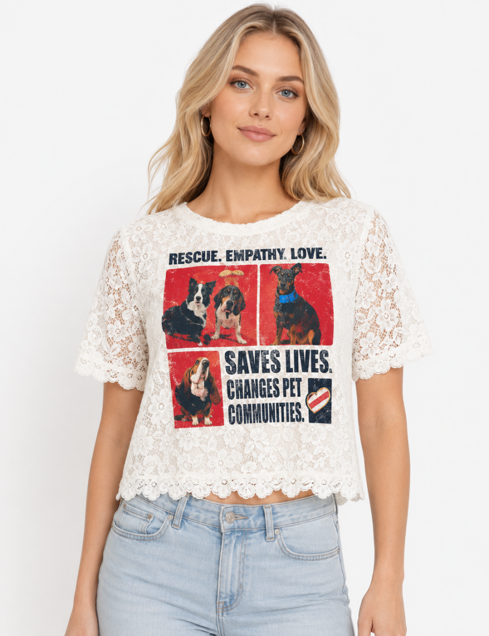 Ladies Dog Graphic Print Round Neck Lace Crop Top