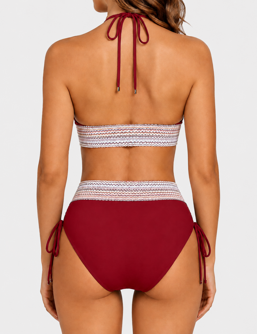 Ladies Deep V-Neck Colorful Zigzag Smocked Trim Bikini Set