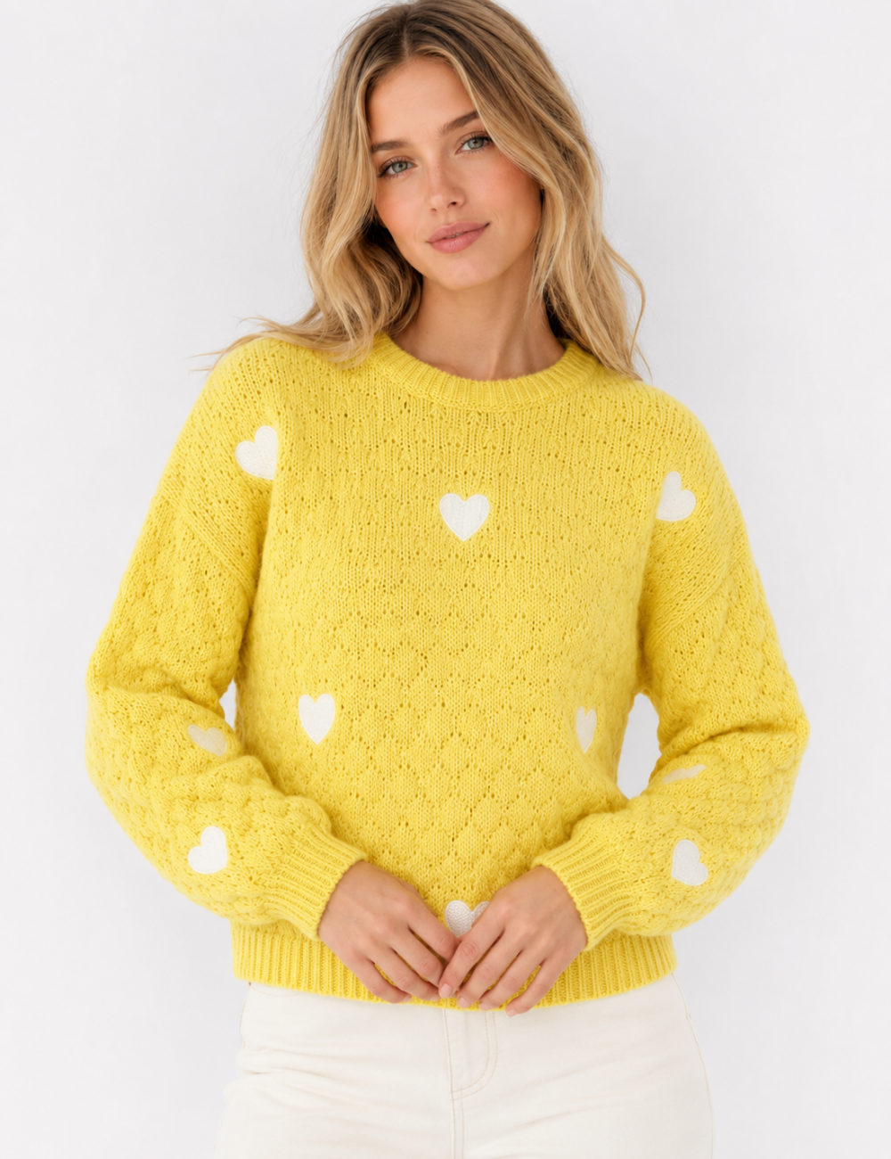 Ladies Heart Applique Hollow Out Knit Crew Neck Sweater
