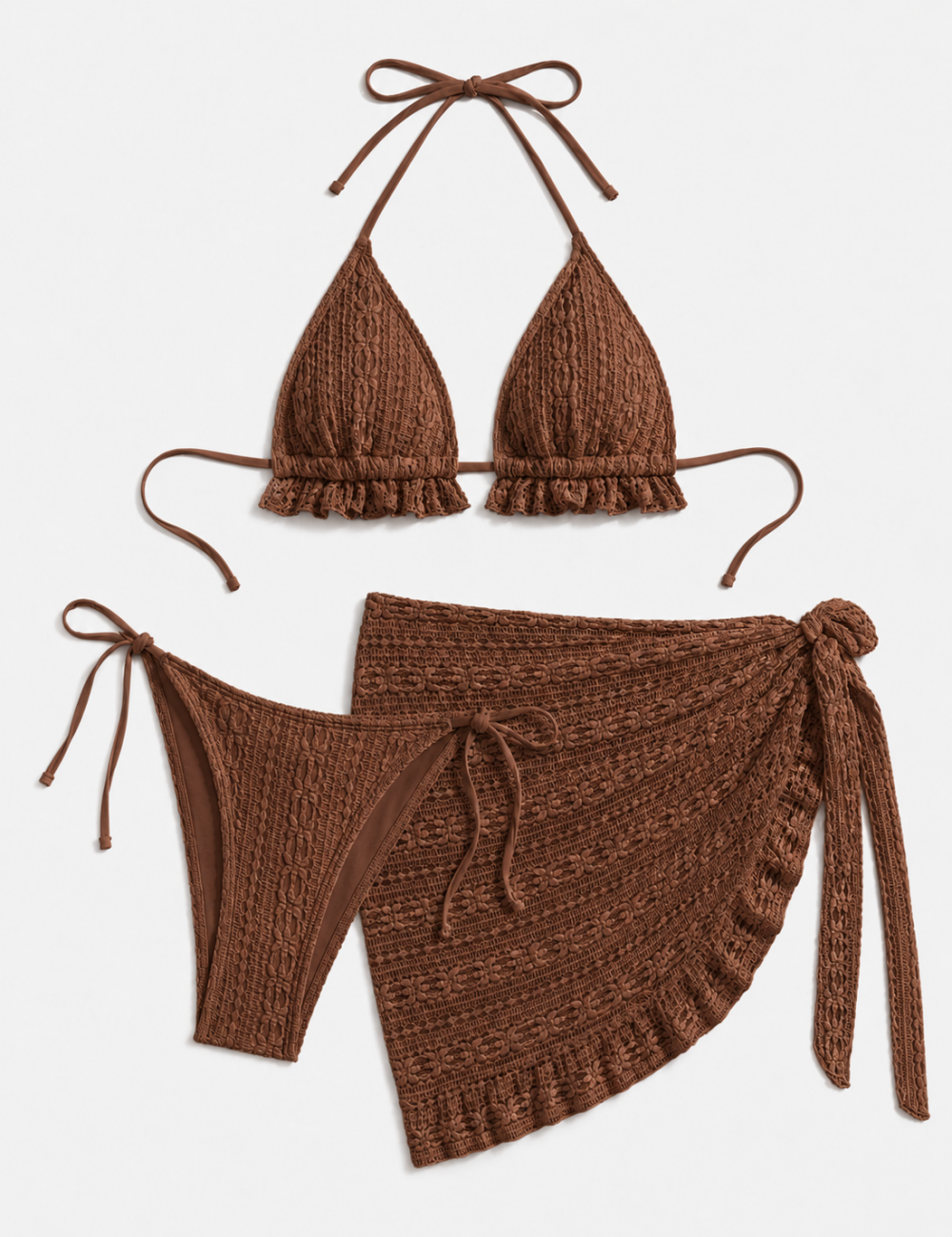 Ladies Solid Color Crochet Triangle Bikini Set with Cover-Up Skirt