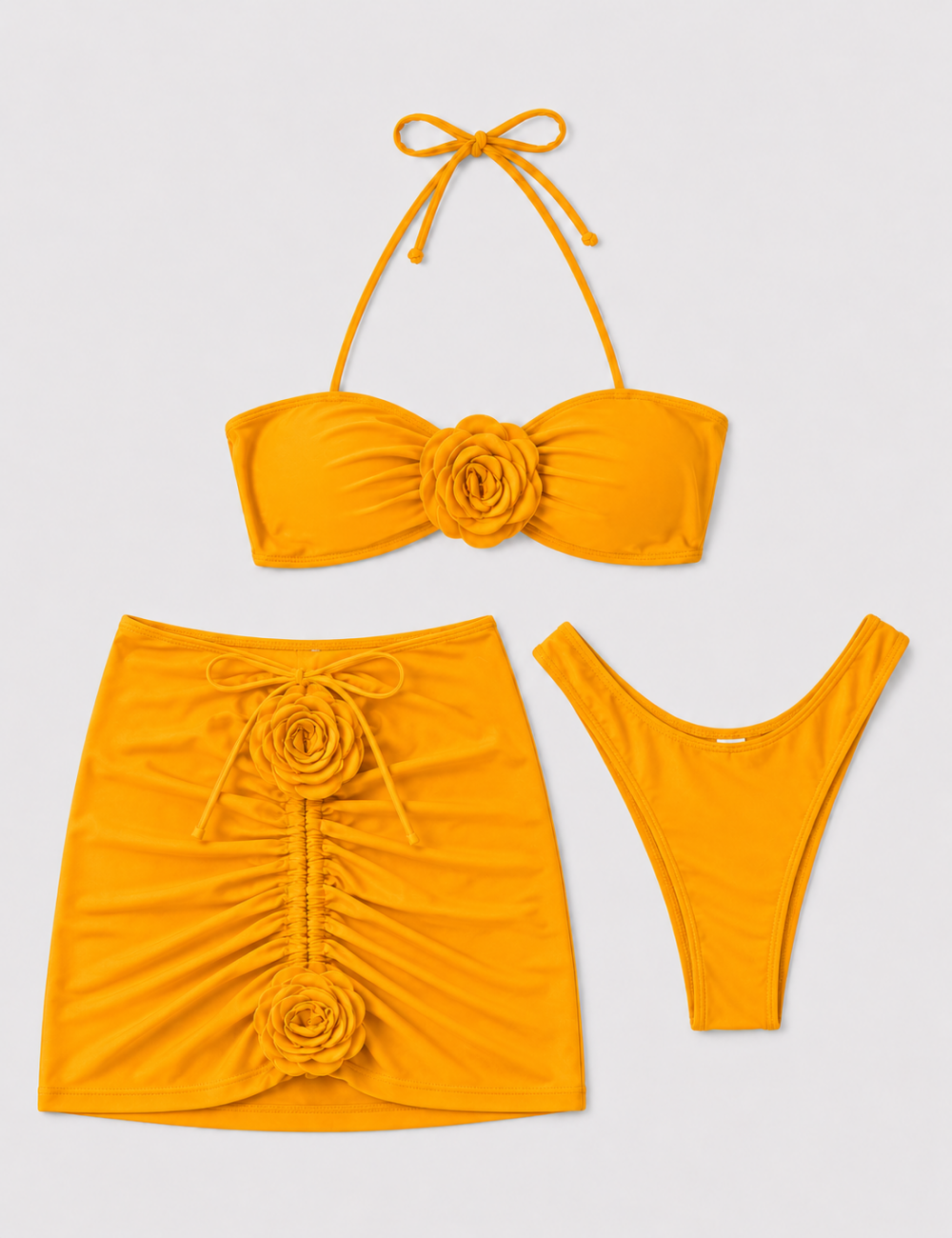Ladies 3D Flower Design Halter Bikini Set with Mini Skirt