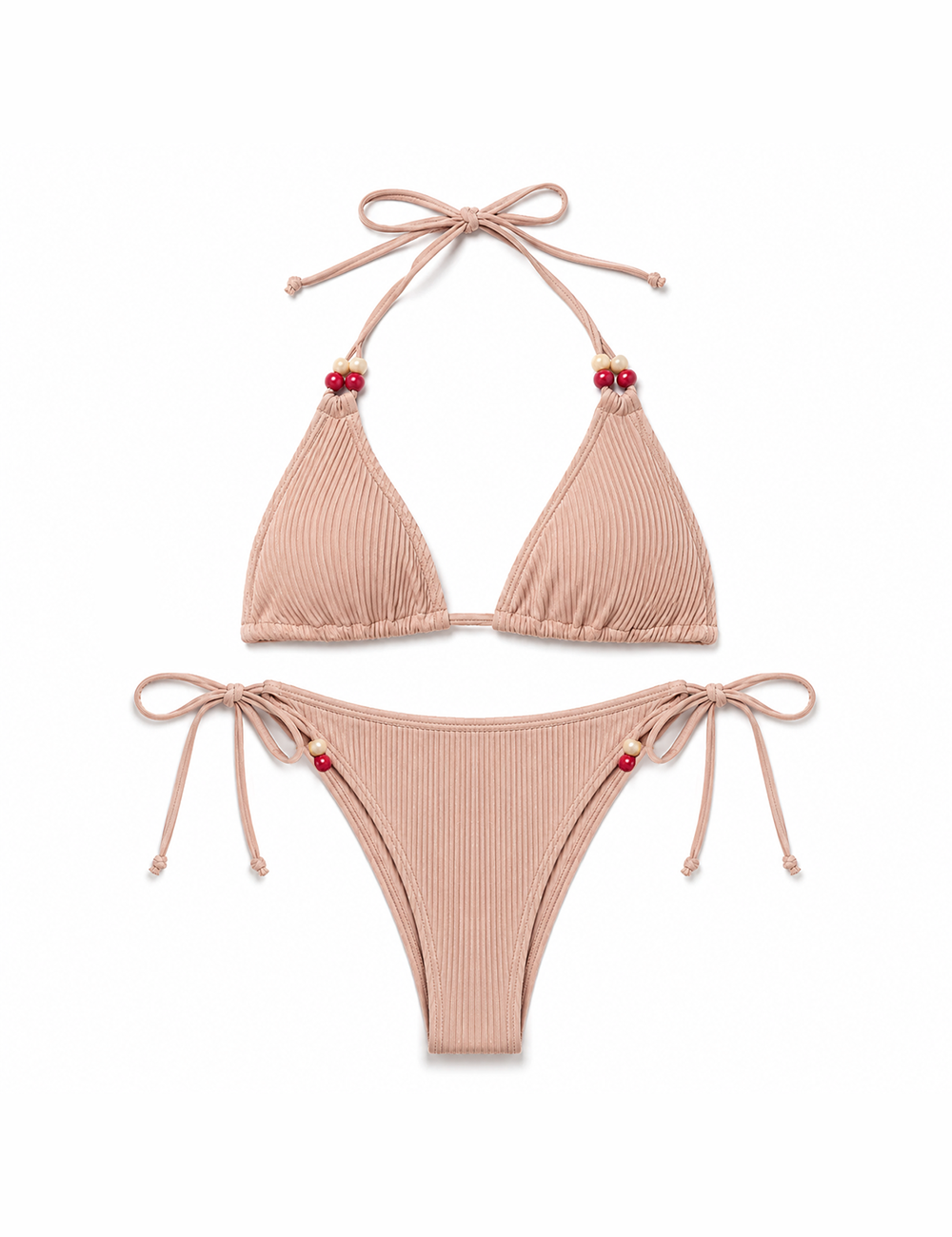 Ladies Beaded Halter Neck Ribbed Triangle 2Piece Bikini Set