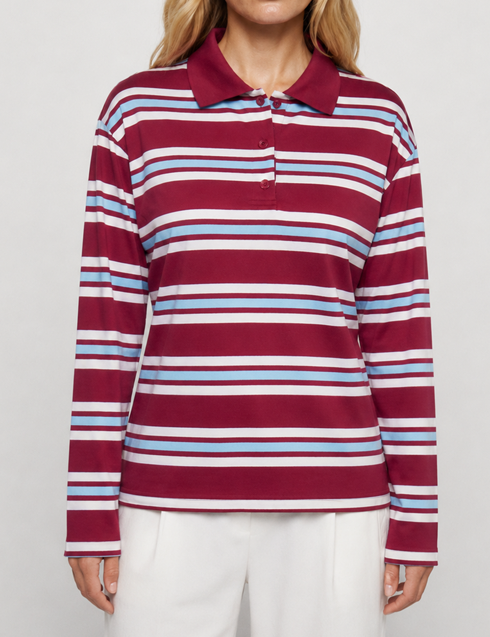 Ladies Casual Striped Polo Collar Long Sleeves Top