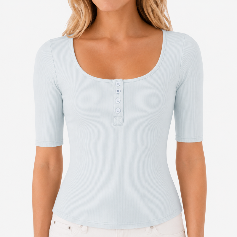 Ladies Scoop Neck Button Short Sleeve Top