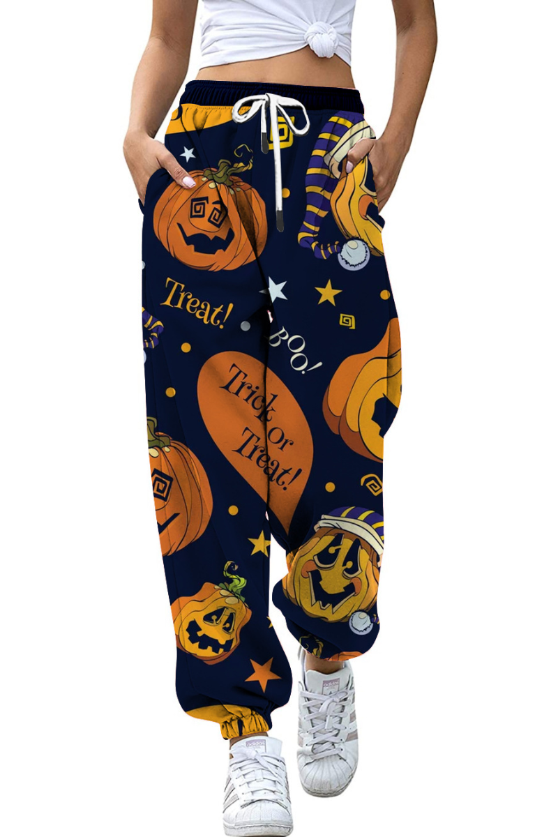 Women Fall Halloween Pumpkin Cat Print Jogger Pants