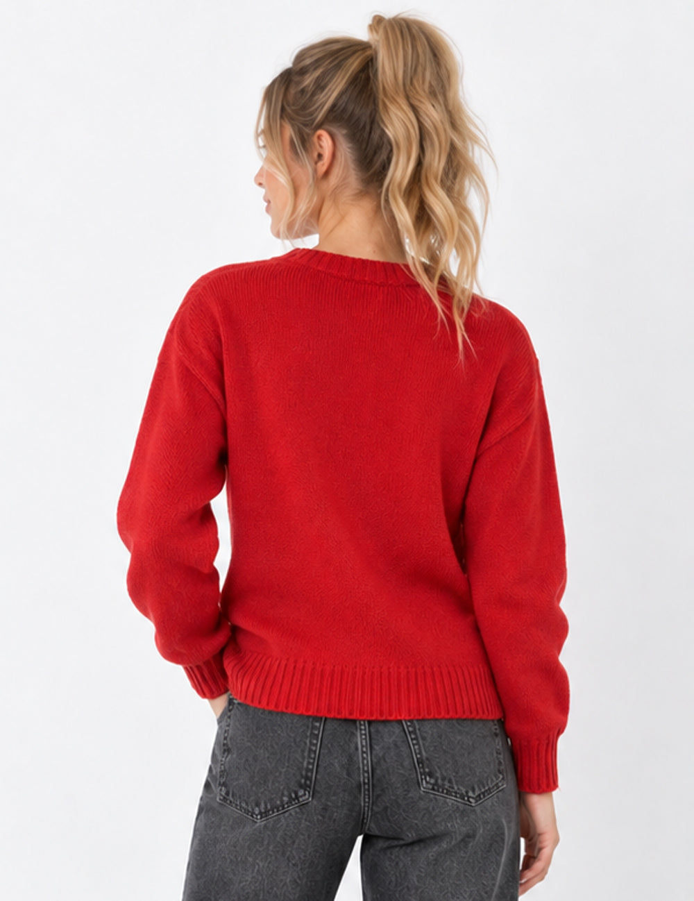 Ladies Fish Jacquard Crew Neck Cropped Knit Sweater