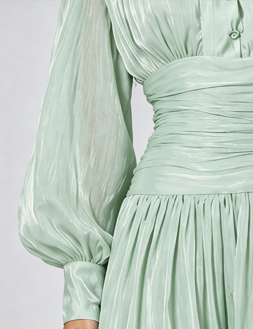 Ladies Puff Sleeves Ruched Button Tiered Midi Dress