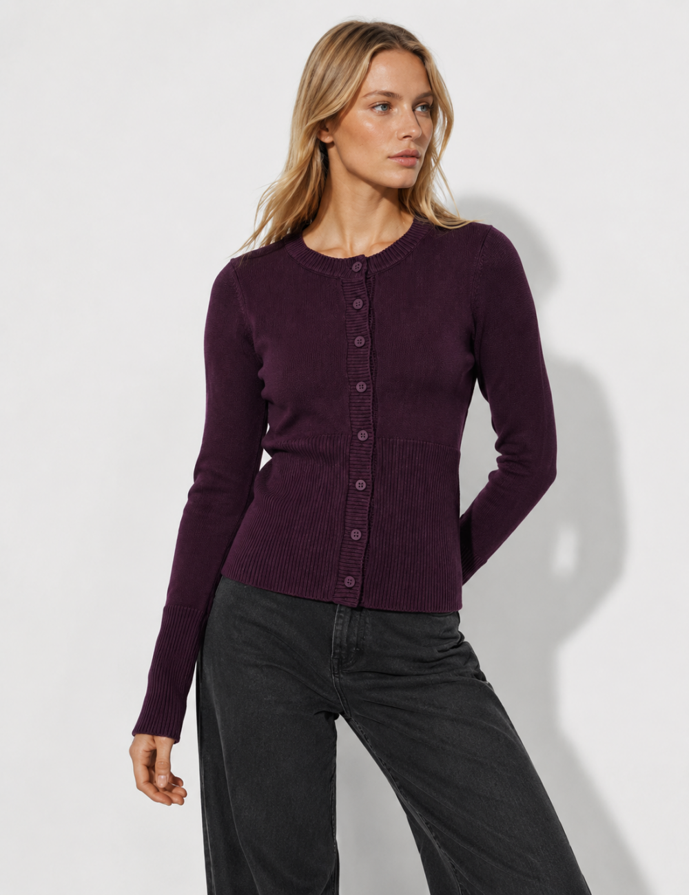 Ladies Button Front Ribbed Knit Cardigan
