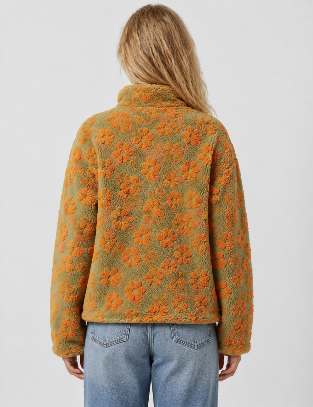 Ladies Casual Floral Pattern Zipper Front Fleece Pullover Sweatshirt