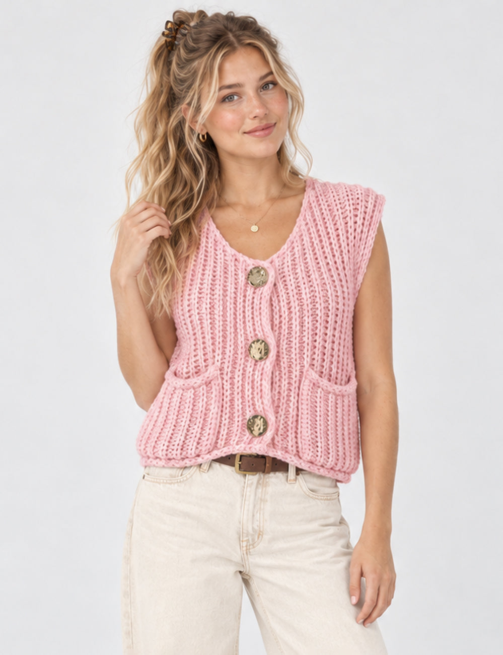 Ladies Chunky Open Knit Sweater Vest