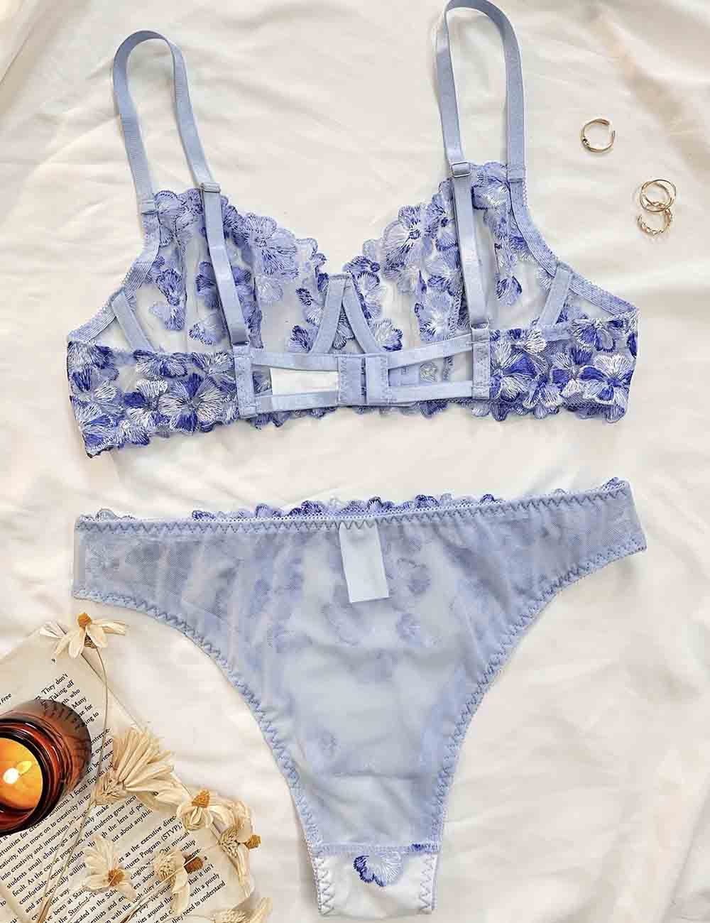 Ladies Floral Embroidery See Through 2PCS Lingerie Set 8HF4113