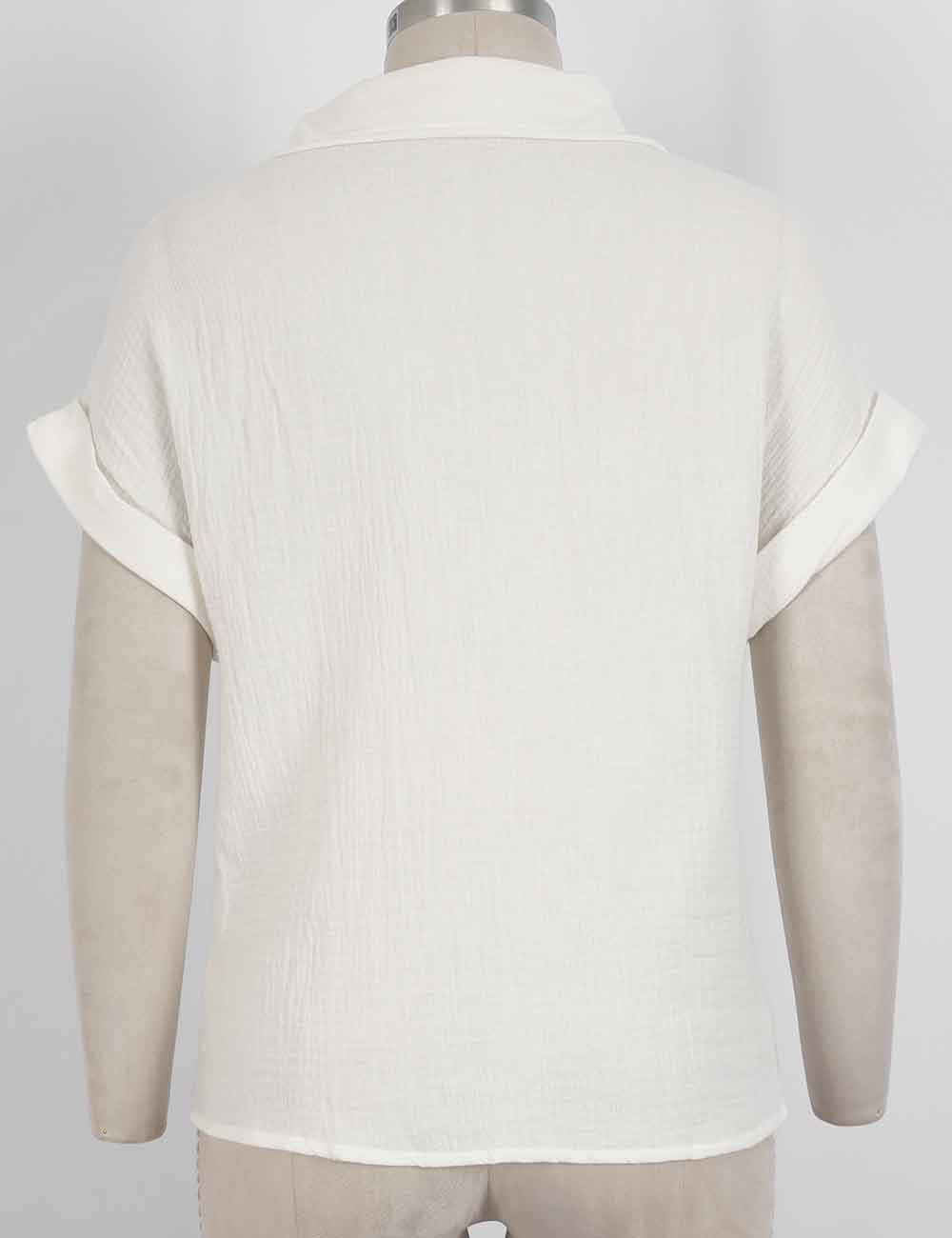 Ladies Embroidery Shirt Collar Button Down Short Sleeves Blouse