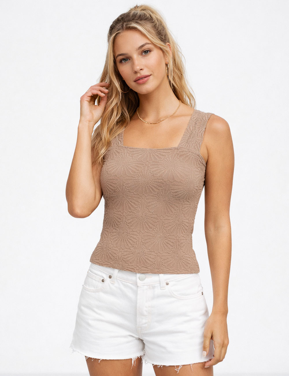 Ladies Floral Pattern Square Neck Crop Tank Top