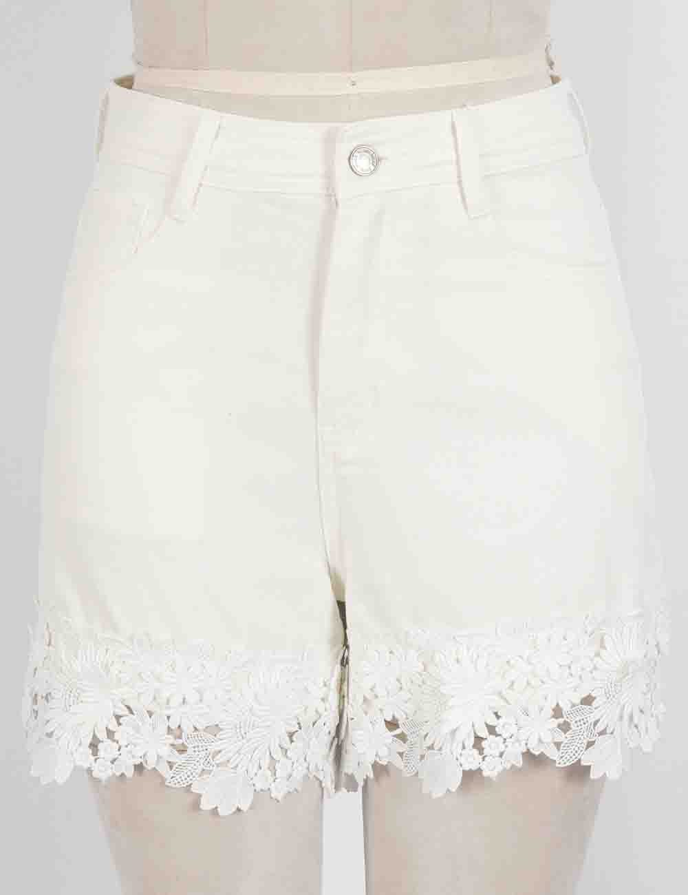 Ladies Floral Lace Trim Solid Color Denim Shorts