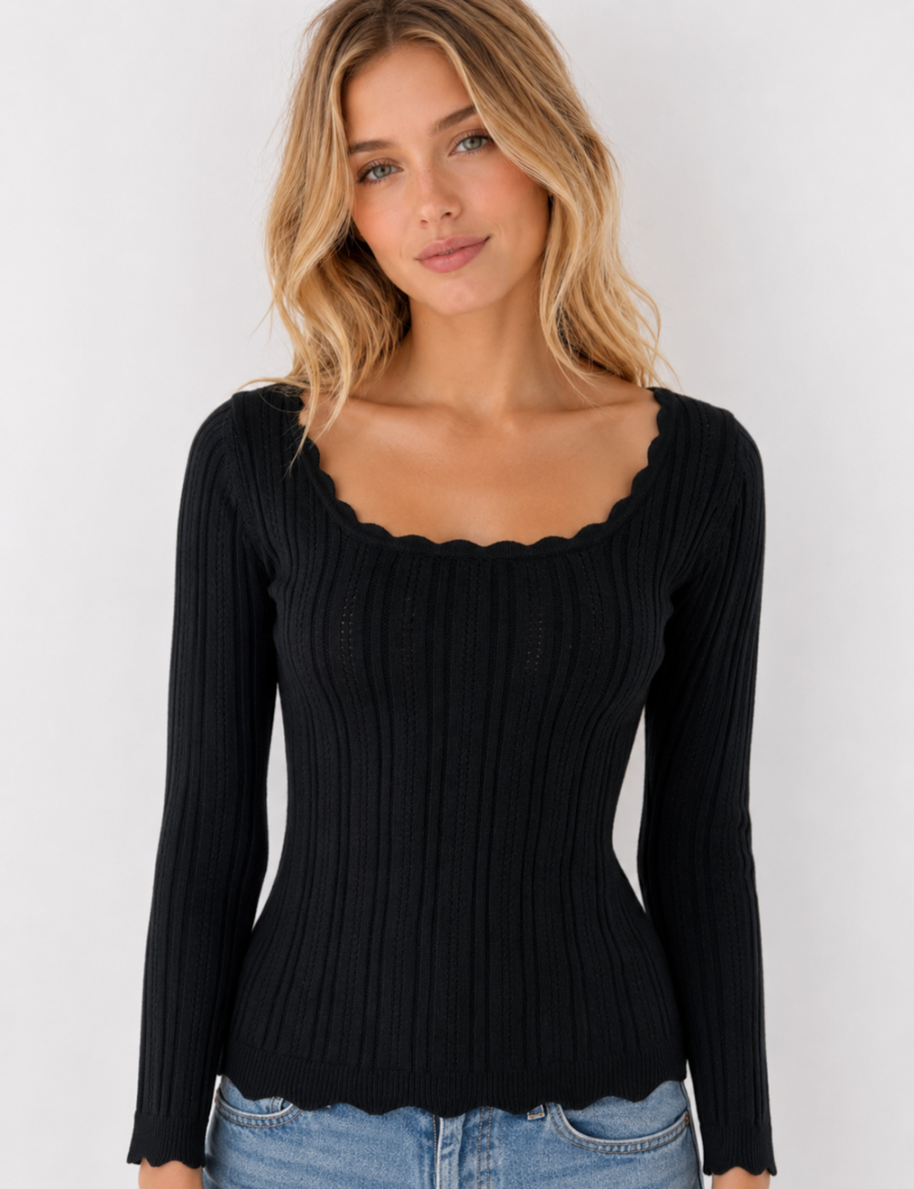 Ladies Ribbed Scoop Neck Long Sleeve Top
