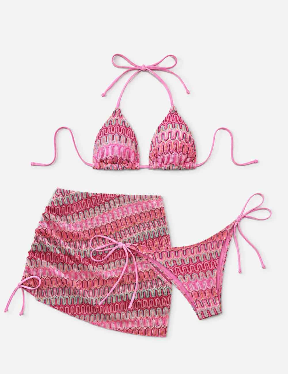 Ladies Wave Striped Knit Triangle Bikini Set with Cover Up Skirt
