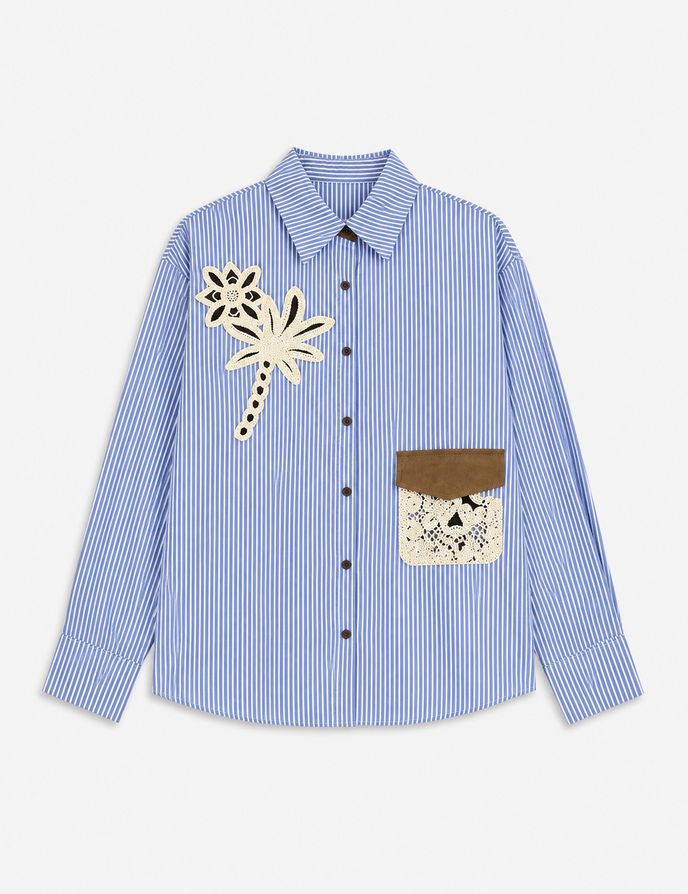 Ladies Striped Embroidery Floral Pocket Button-Down Shirt
