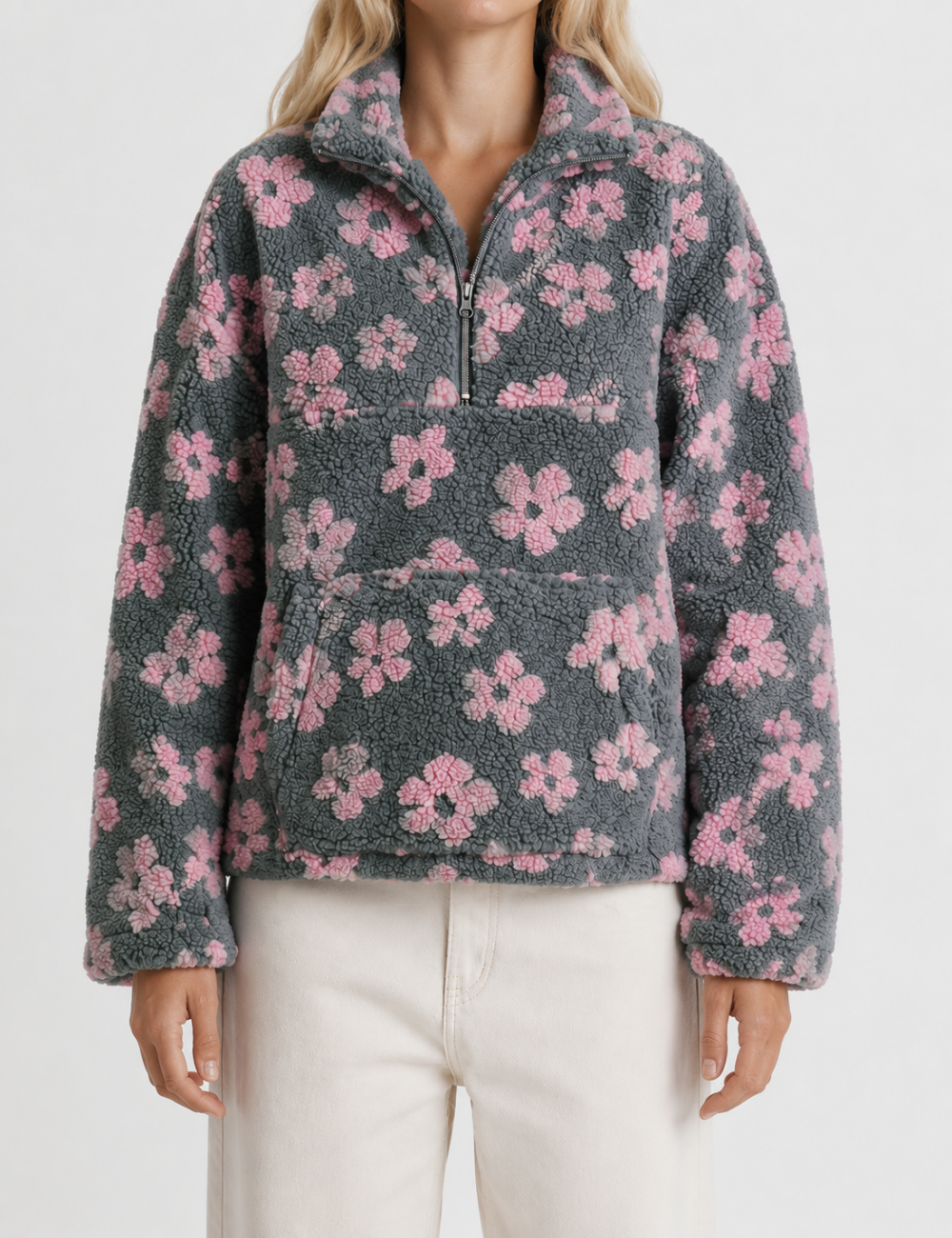 Ladies Casual Floral Pattern Zipper Front Fleece Pullover Sweatshirt