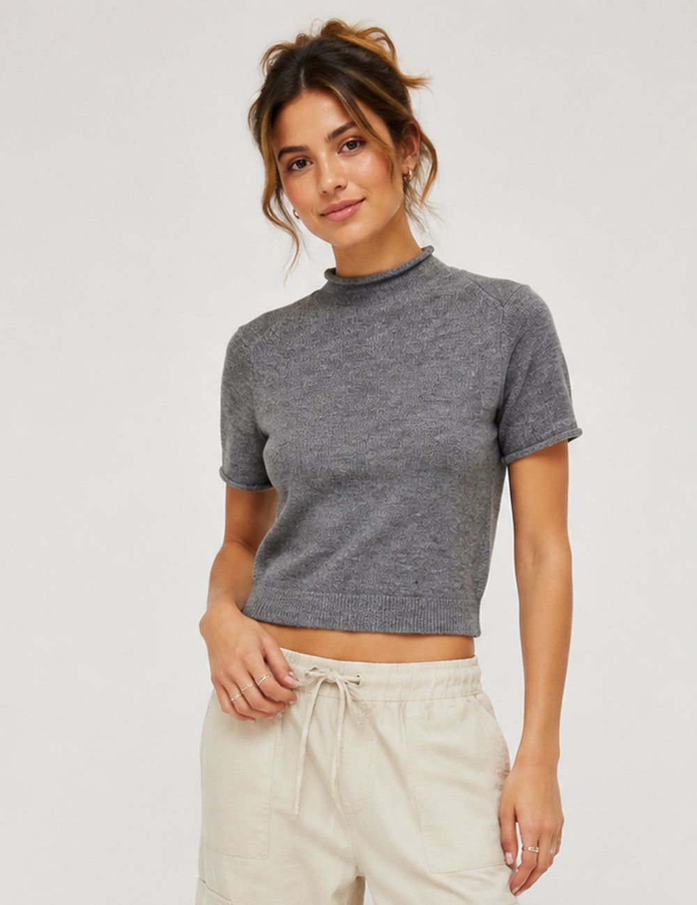 Ladies Casual Mock Neck Short Sleeves Knit Top