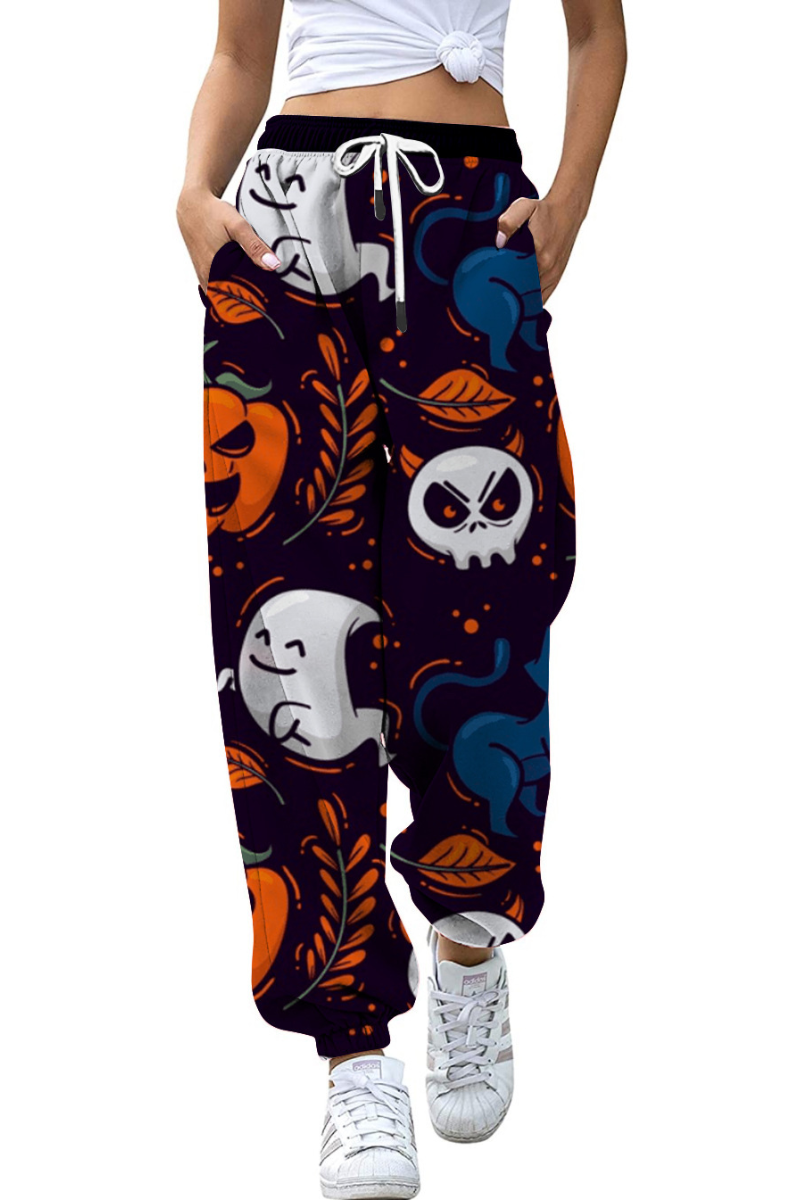 Women Fall Halloween Pumpkin Cat Print Jogger Pants
