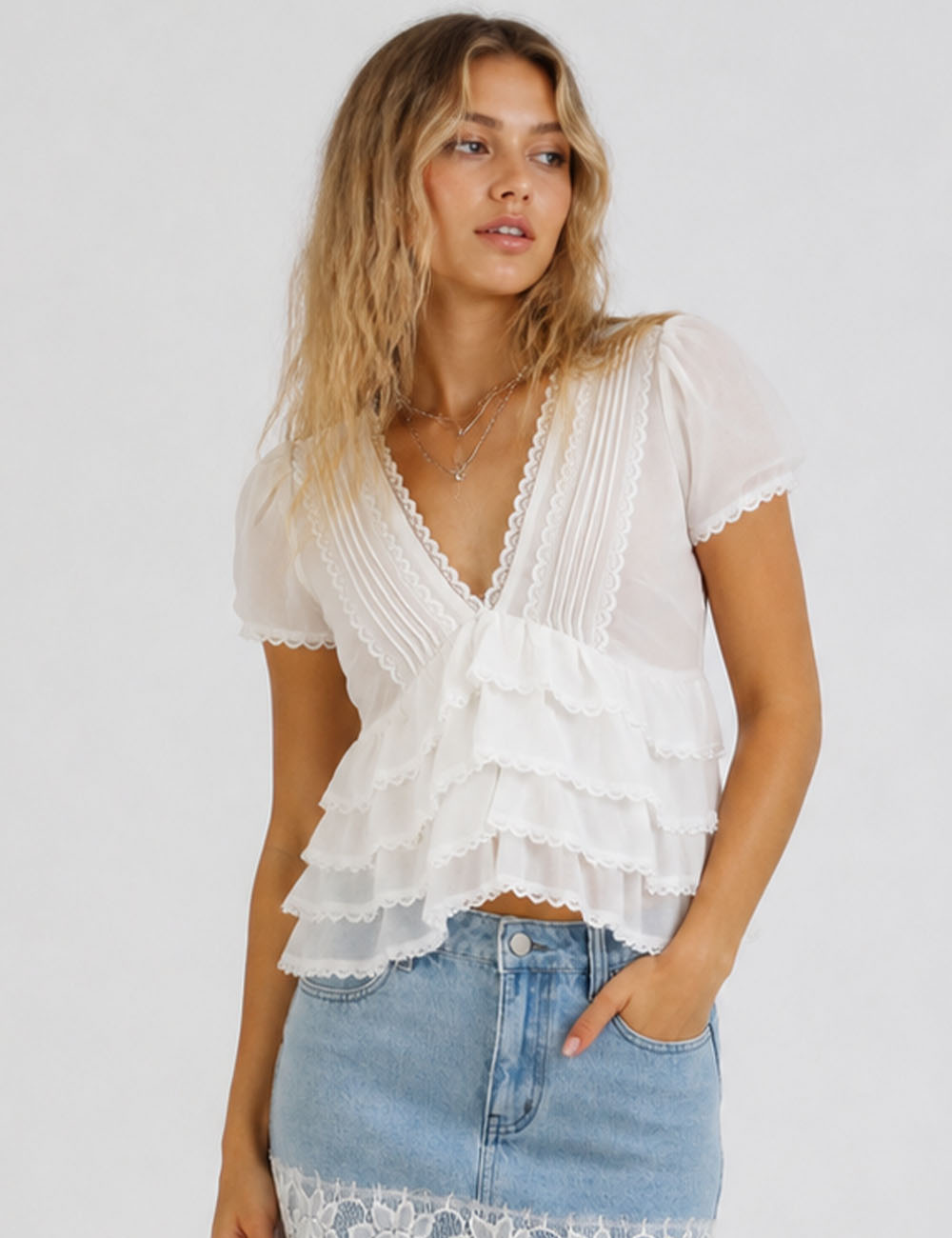 Ladies Chic V-Neck Tiered Ruffle Short Sleeves Top