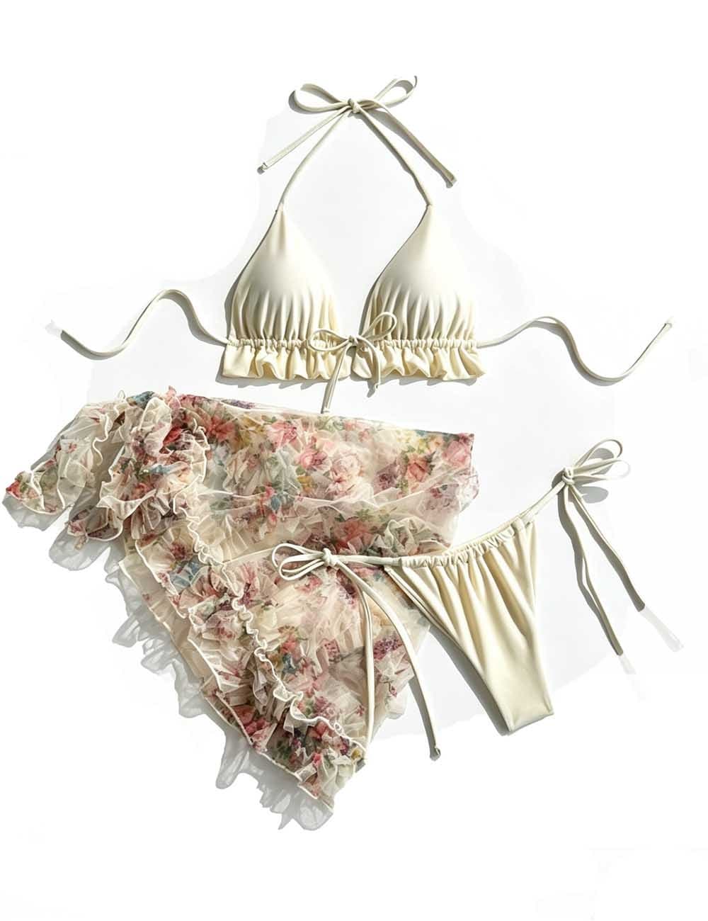 Ladies Triangle Bikini Set with Floral Print Wrap Cover Up Skirt