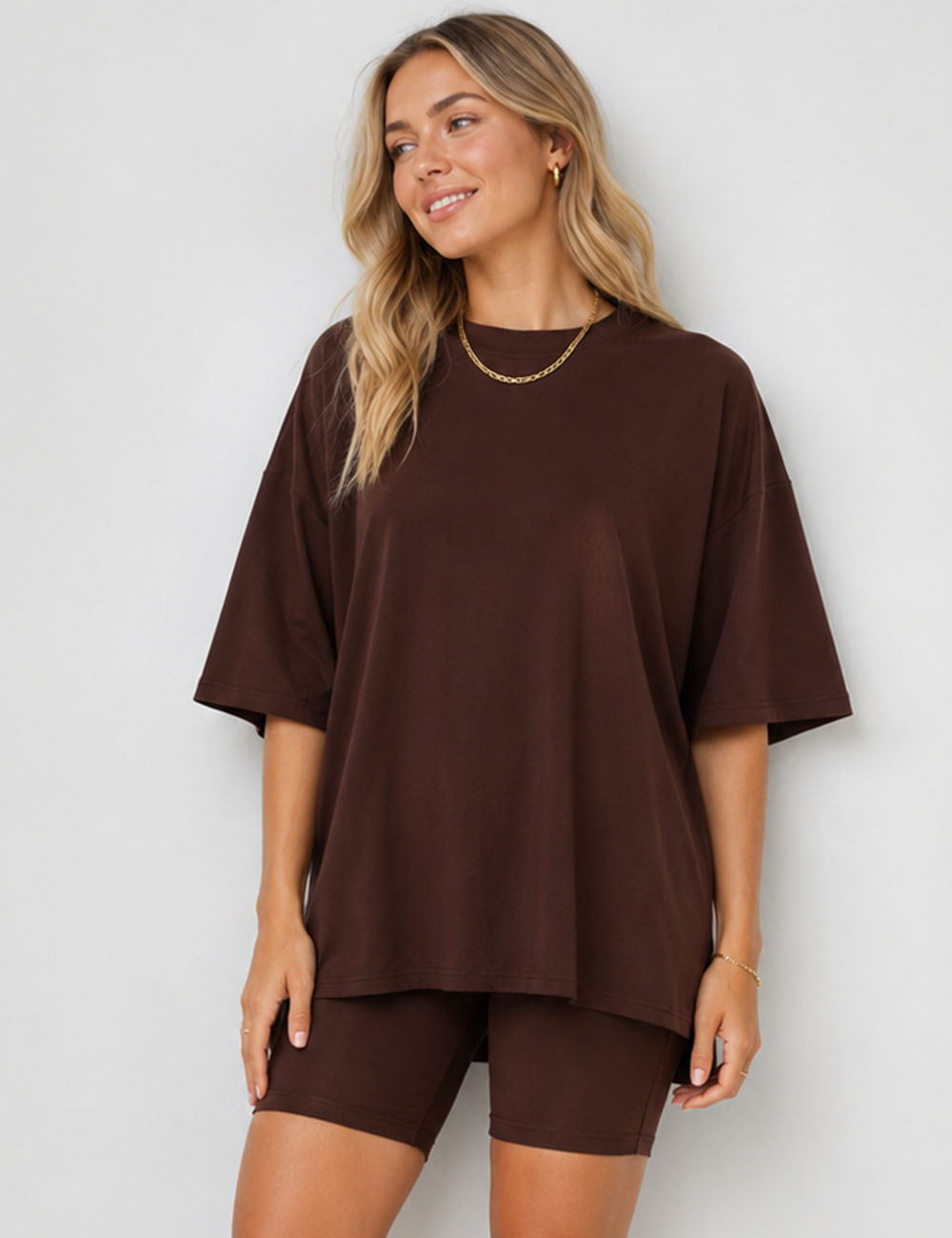 Ladies Solid Loungewear Outfits Loose Top & Slim Shorts Set