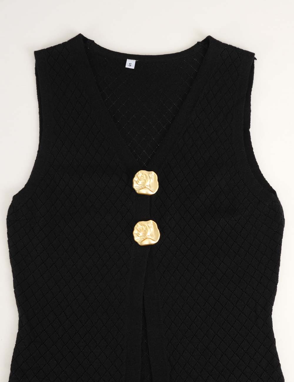 Ladies Chic Metal Button Diamond Knit V-Neck Vest