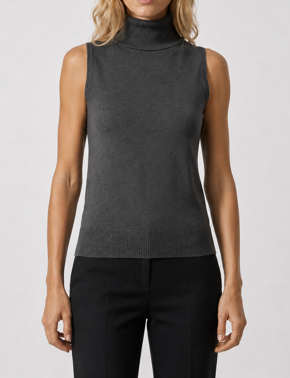 Ladies Knit Turtleneck Ribbed Hem Sleeveless Pullover Top