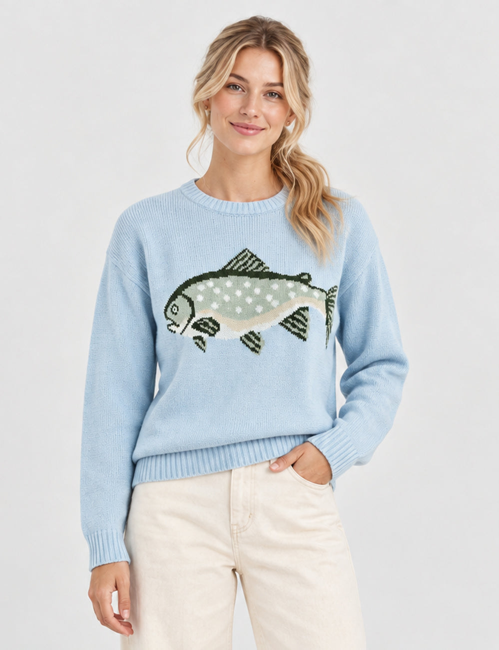 Ladies Fish Jacquard Crew Neck Cropped Knit Sweater