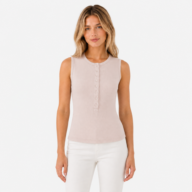 Ladies Crew Neck Button Sleeveless Top