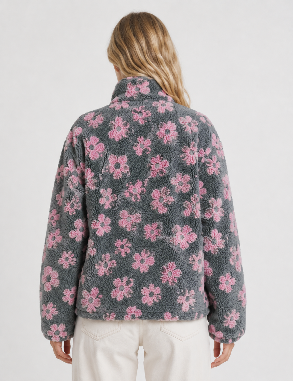 Ladies Casual Floral Pattern Zipper Front Fleece Pullover Sweatshirt